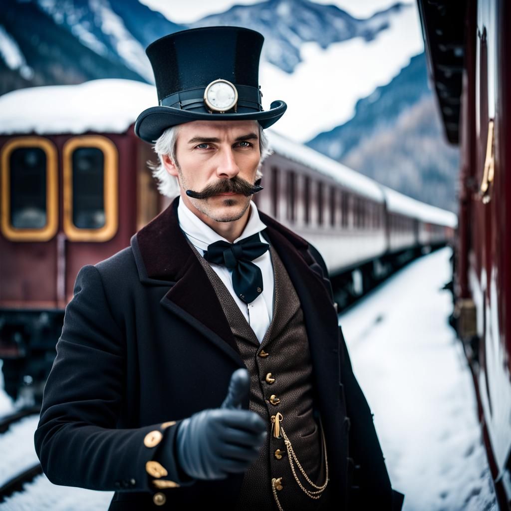 Steampunk Man on the Orient Express in Winter