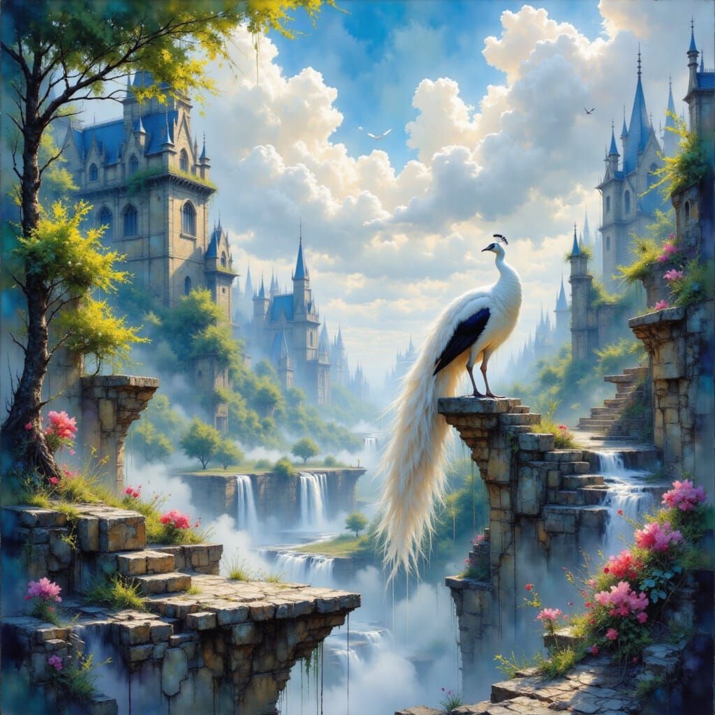 Breathtaking White Peacock Soars Amidst Vibrant Summer Lands...