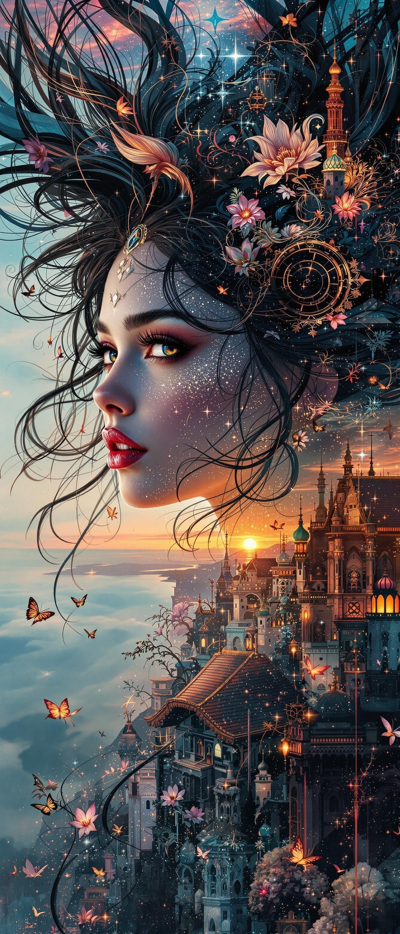 Princess Double Exposure at Sunset Cityscape