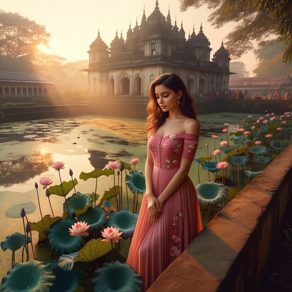 Bengali Girl in Pink Frock by Lotus Pond at Sunset