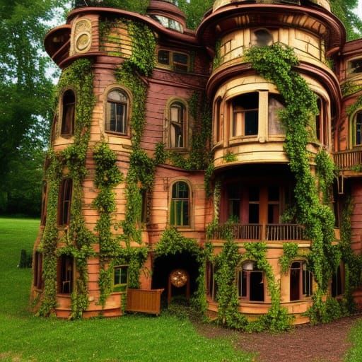 Magical Vine-Covered House with Steampunk Engine