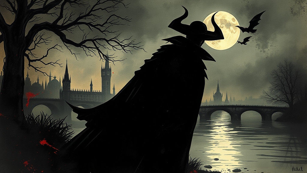 Vampire Silhouette in Steampunk Ink Painting