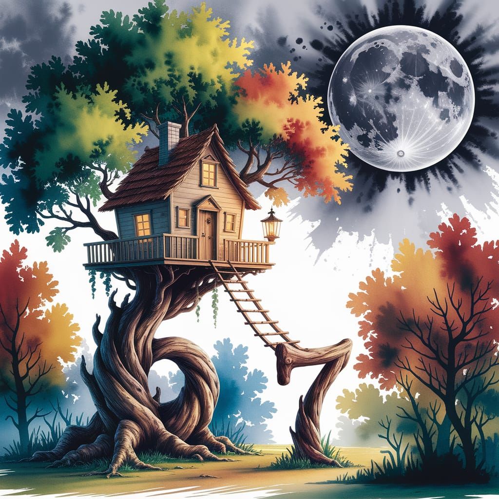 Fantasy Water color painting with green golden reddish or orange, blue hues in a detailed digital image of tree house wi...