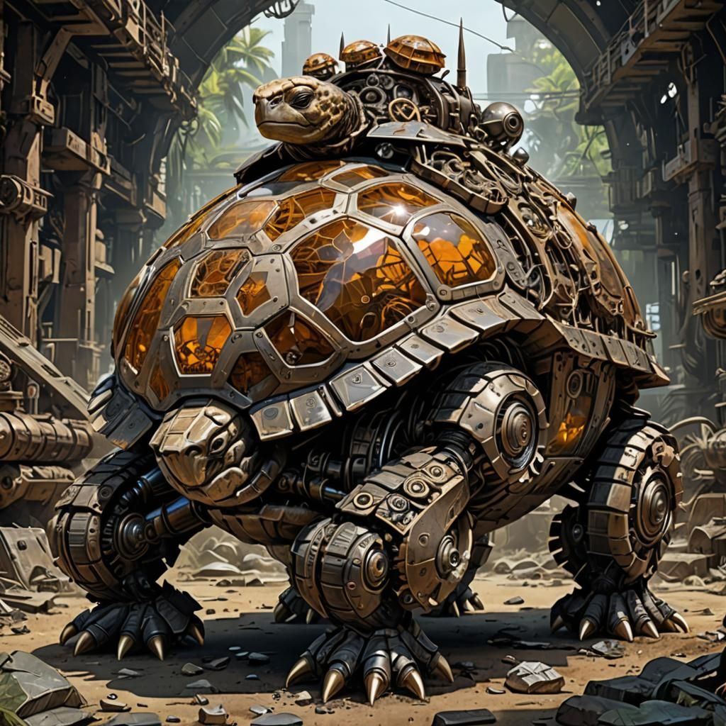 Mechanical Galapagos Tortoise with Amber Shell, Digital Art