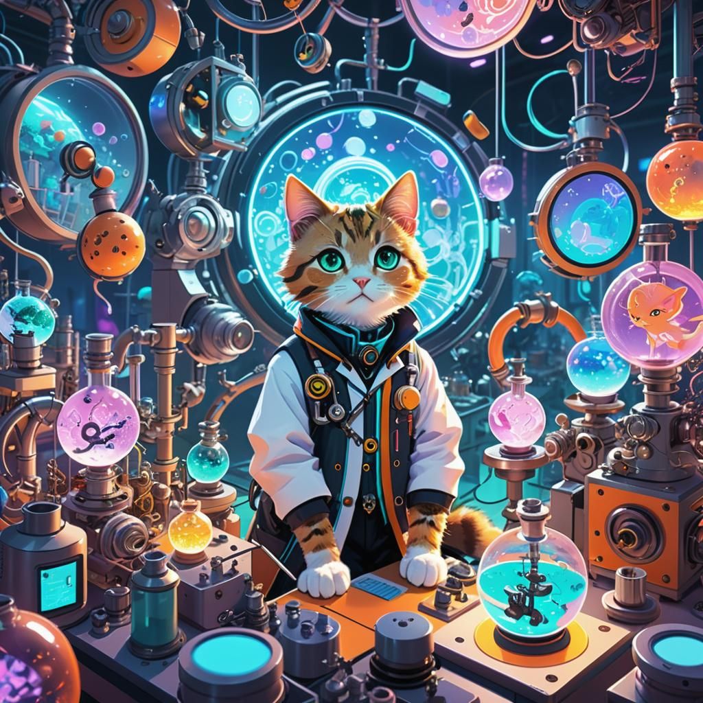 Anime Cat Scientist Conducting Experiment in Laboratory