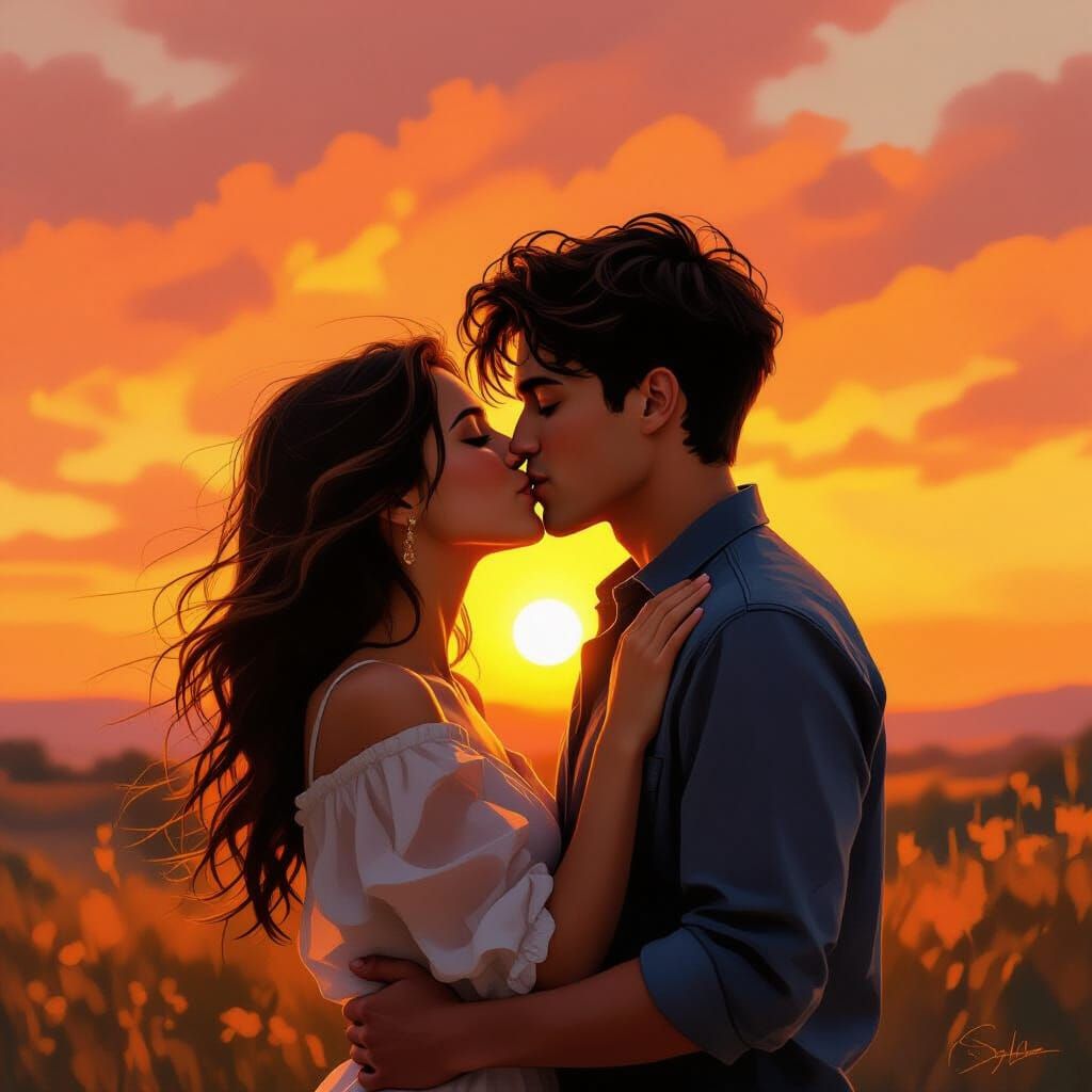 Romantic Sunset Embrace: A Couple Silhouetted