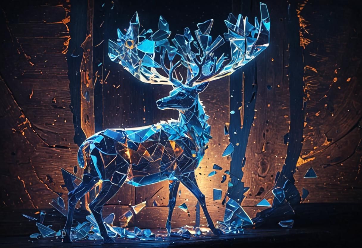 Glass Shards on Wooden Table: Hyper-Realistic Digital Art