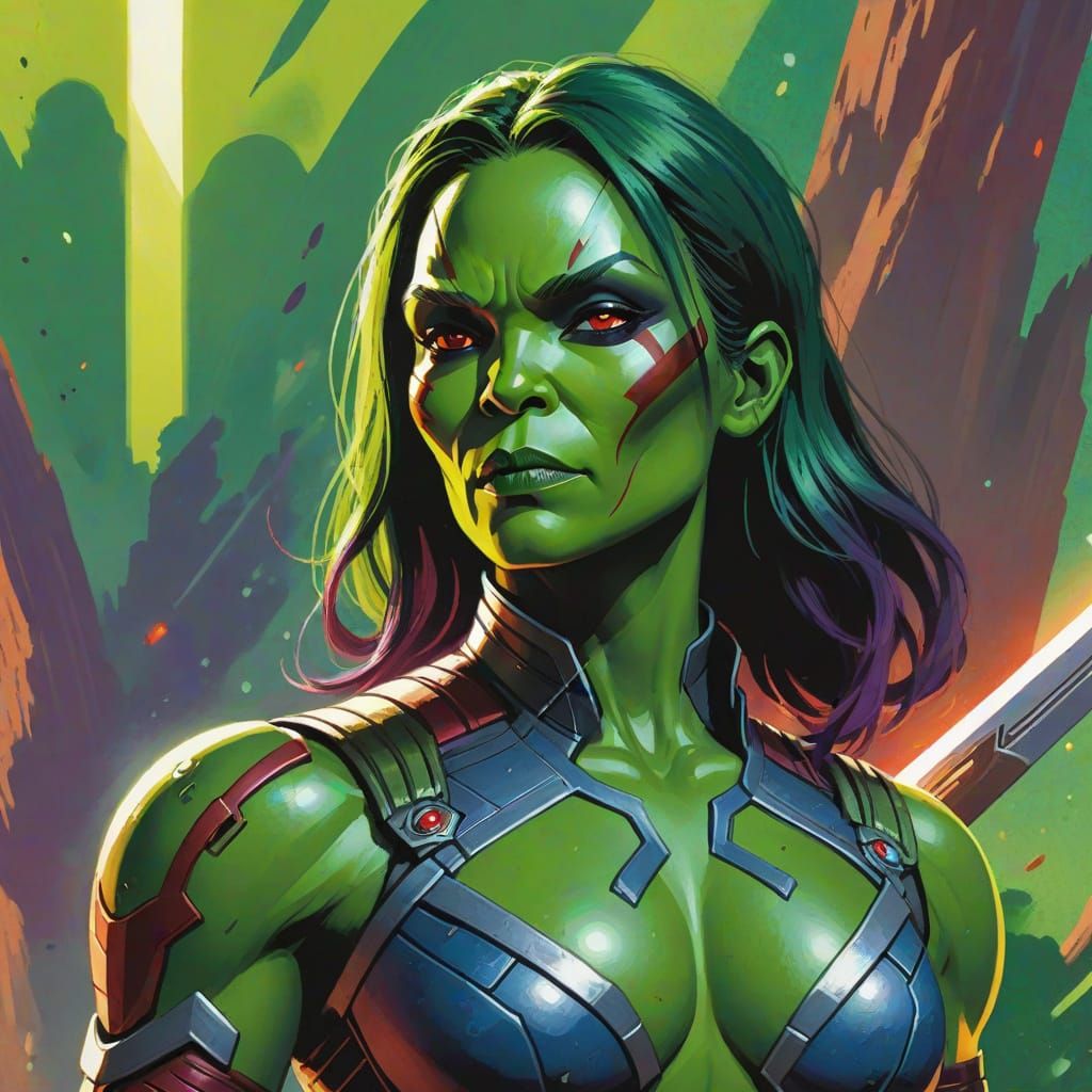 Gamora with Sword Gouache Painting in Comic Style