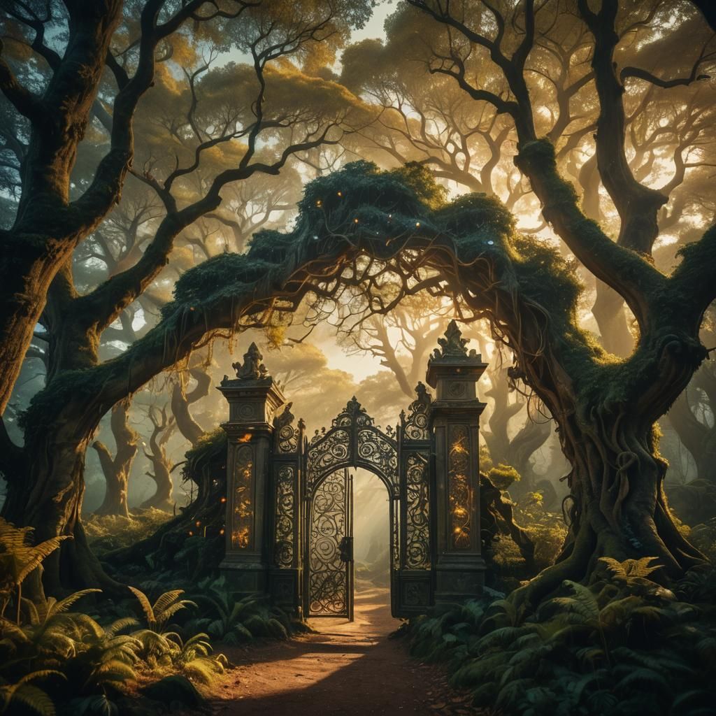 Mystical Forest with Golden Gate in Cinematic Style