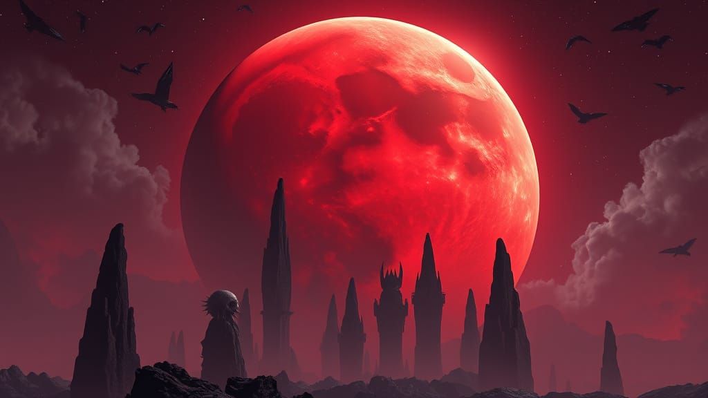 Cosmic Horror Blood Moon in Futuristic Astral Landscape