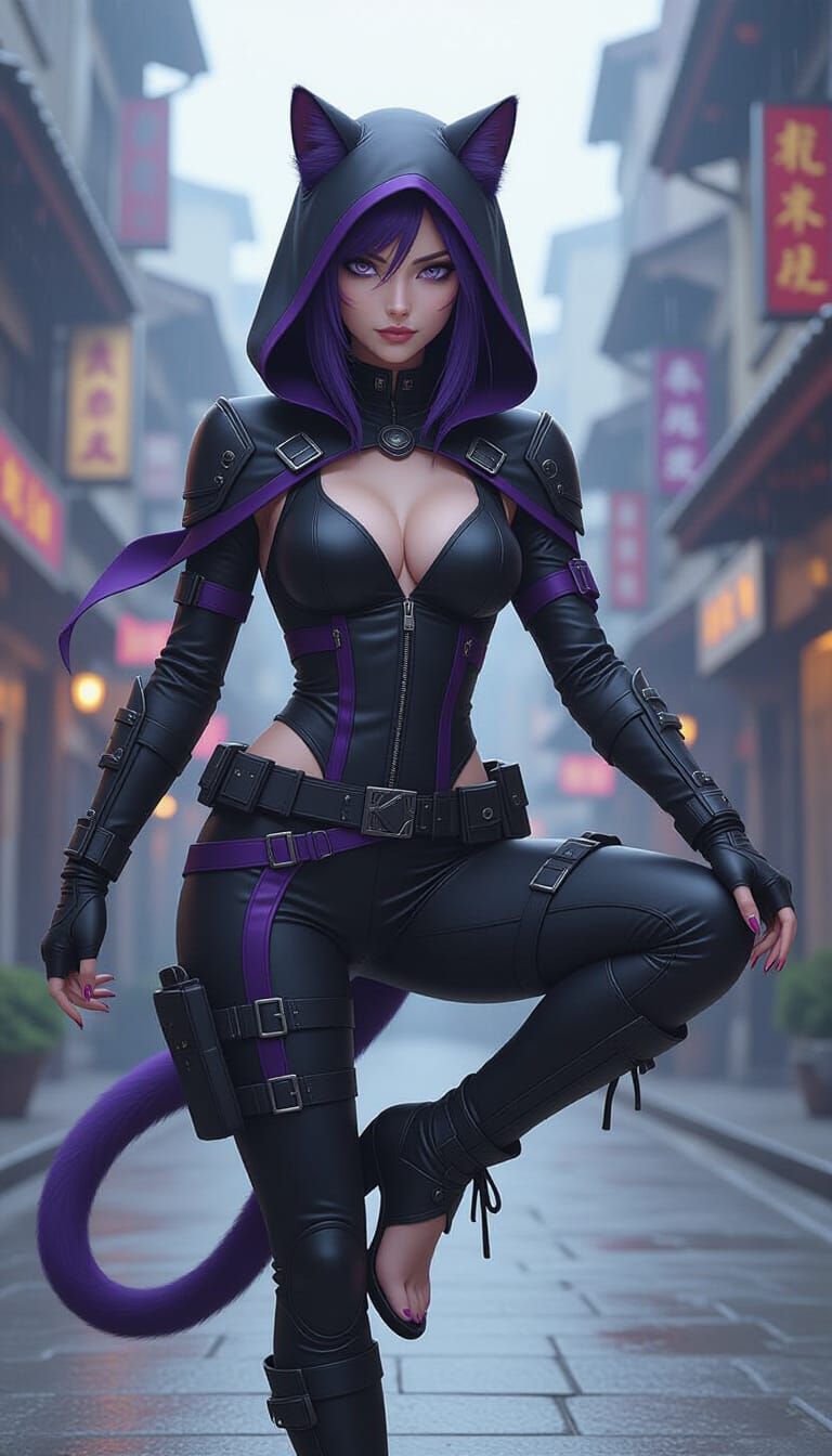 Fantasy Feline Thief in Cyberpunk Aesthetic