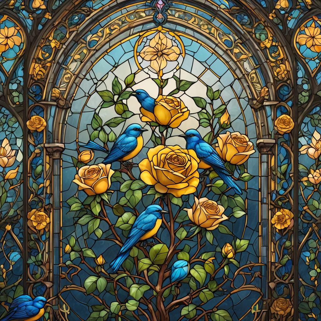 Stained Glass Yellow Rose and Blue Bird