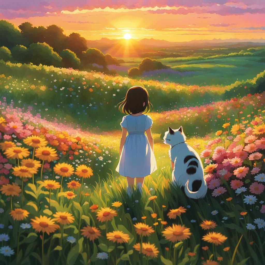 Girl and Cat in Pastel Meadow: Anime Key Visual