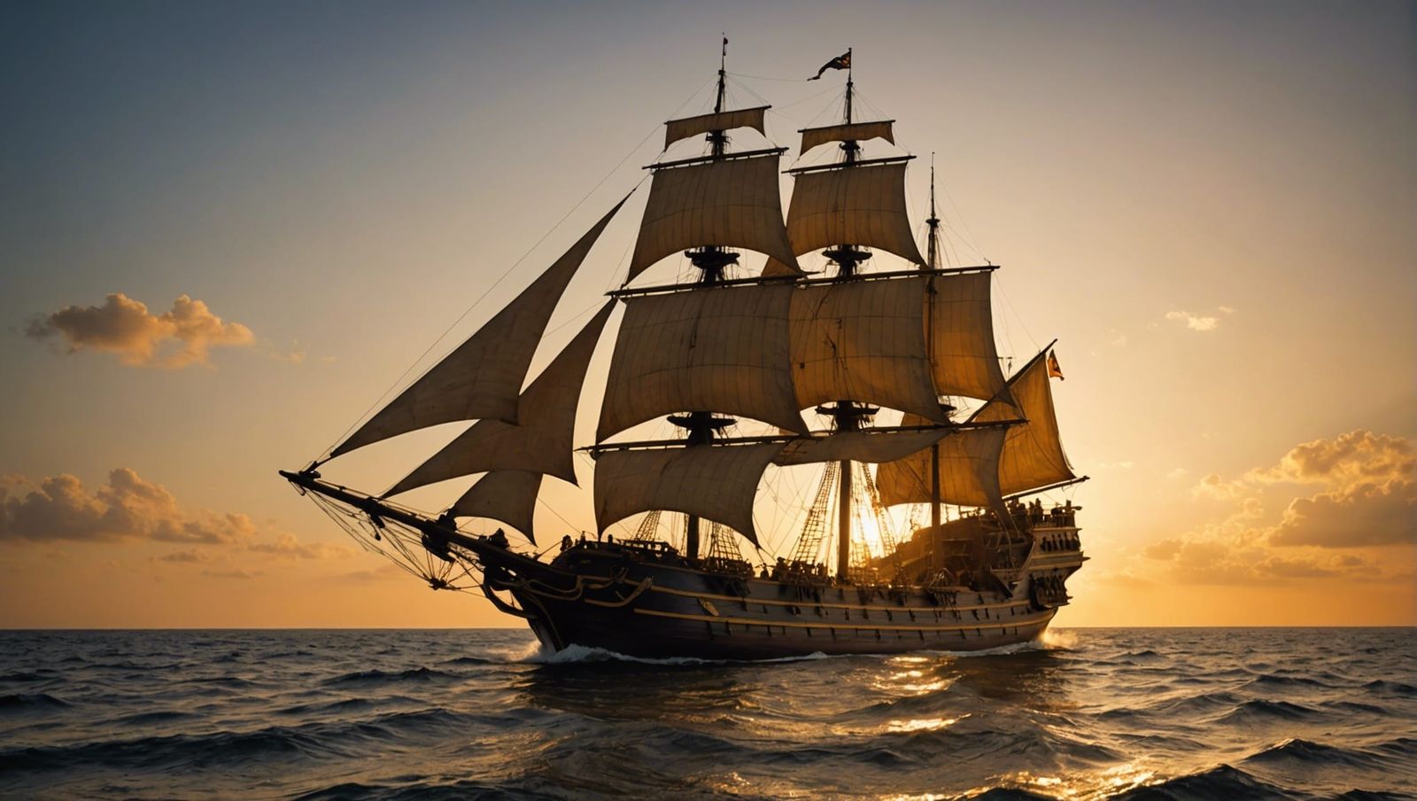 Pirate Ship at Sunrise with Yellow Sails