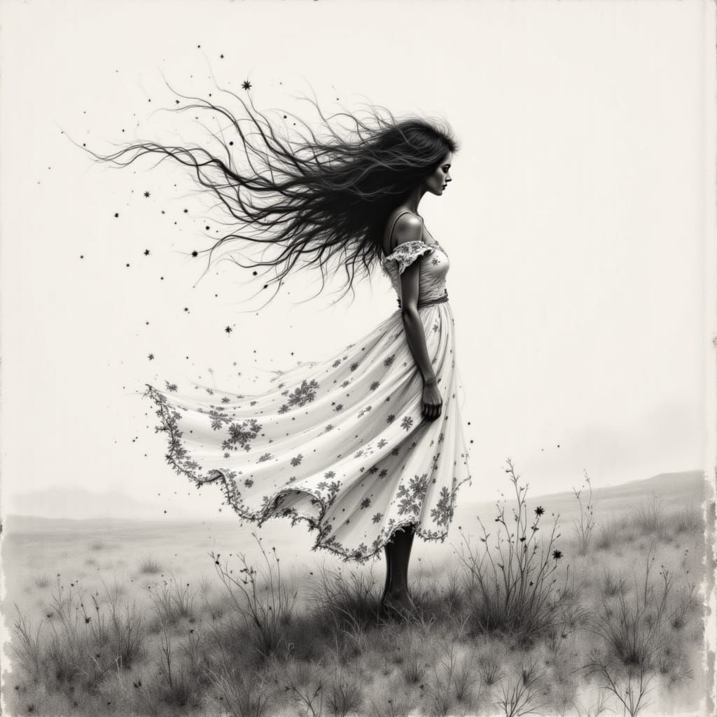 Charcoal Drawing of Woman in Windy Field