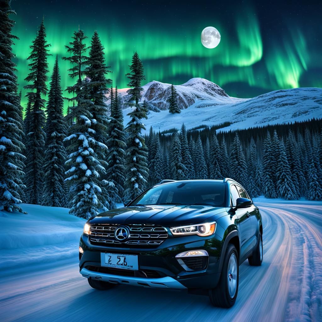 Cars Race Under Aurora Borealis Landscape