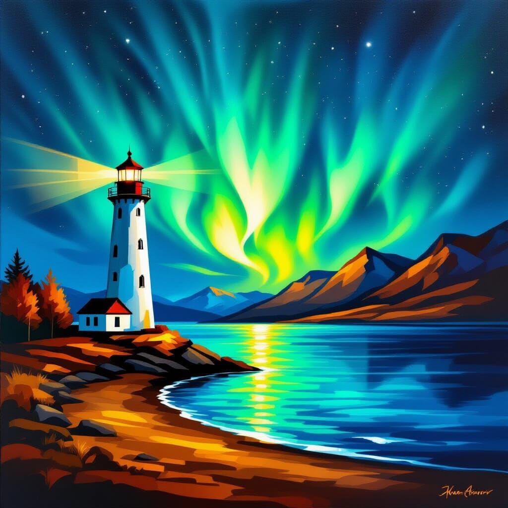 Serene Lighthouse Amidst Autumn Aurora and Mountains