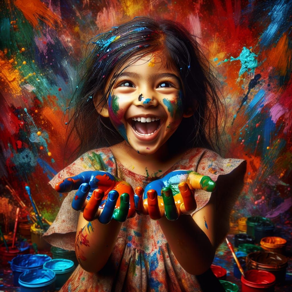 Joyful South Asian Girl in Vibrant Paint Splashes
