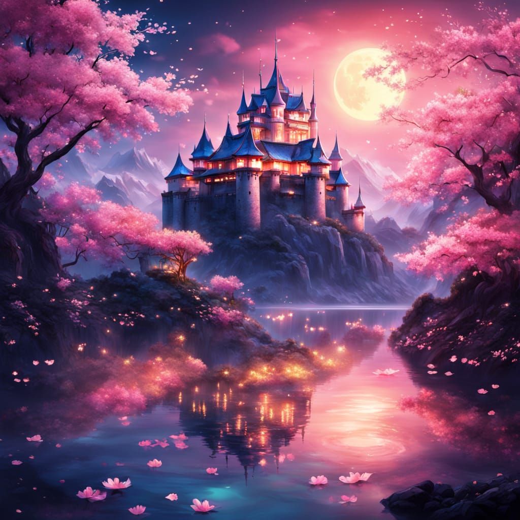 Surreal Sakura Castle Illuminated by Neon Dreams