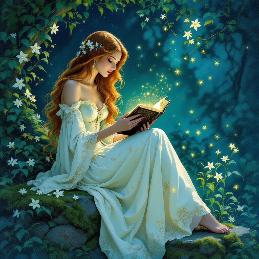 Ethereal Woman Reading in Bioluminescent Grove