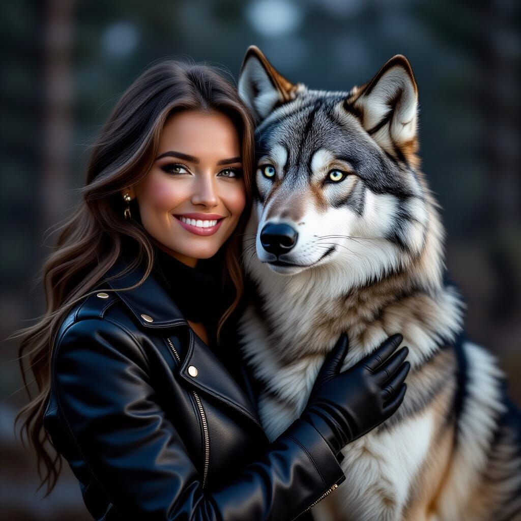 Woman Embraces Wolf in Moonlit Magical Forest