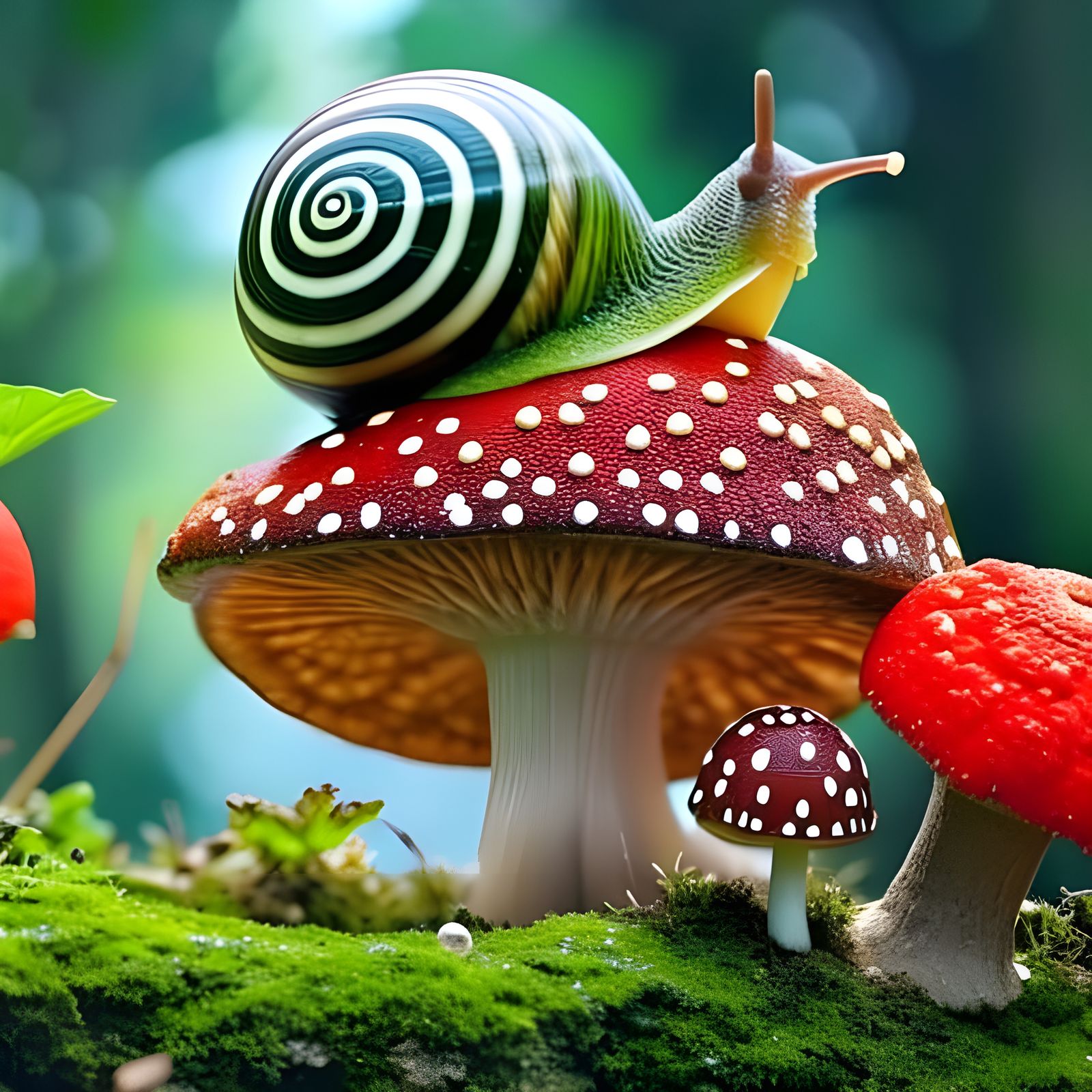 Intricate Snail on Mushroom in Forest, Digital Painting