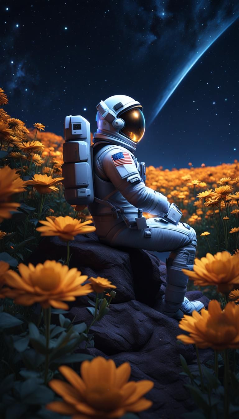 Astronaut Among Flowers Under Starry Sky
