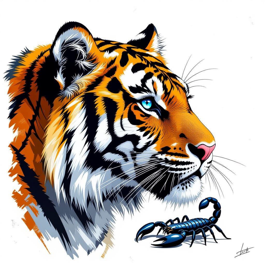 Tiger Profile with Blue Eye, Modern Illustration