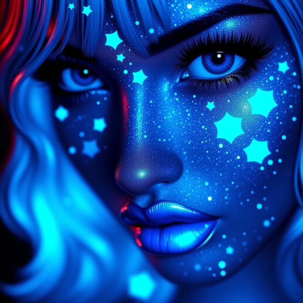 Neon Blue Female Portrait with Melting Cubes