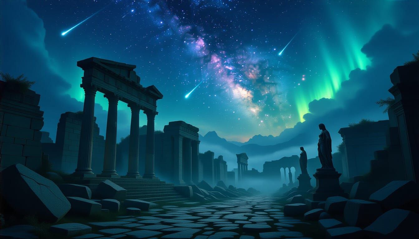 Lost City Ruins Under Nebula Night Sky