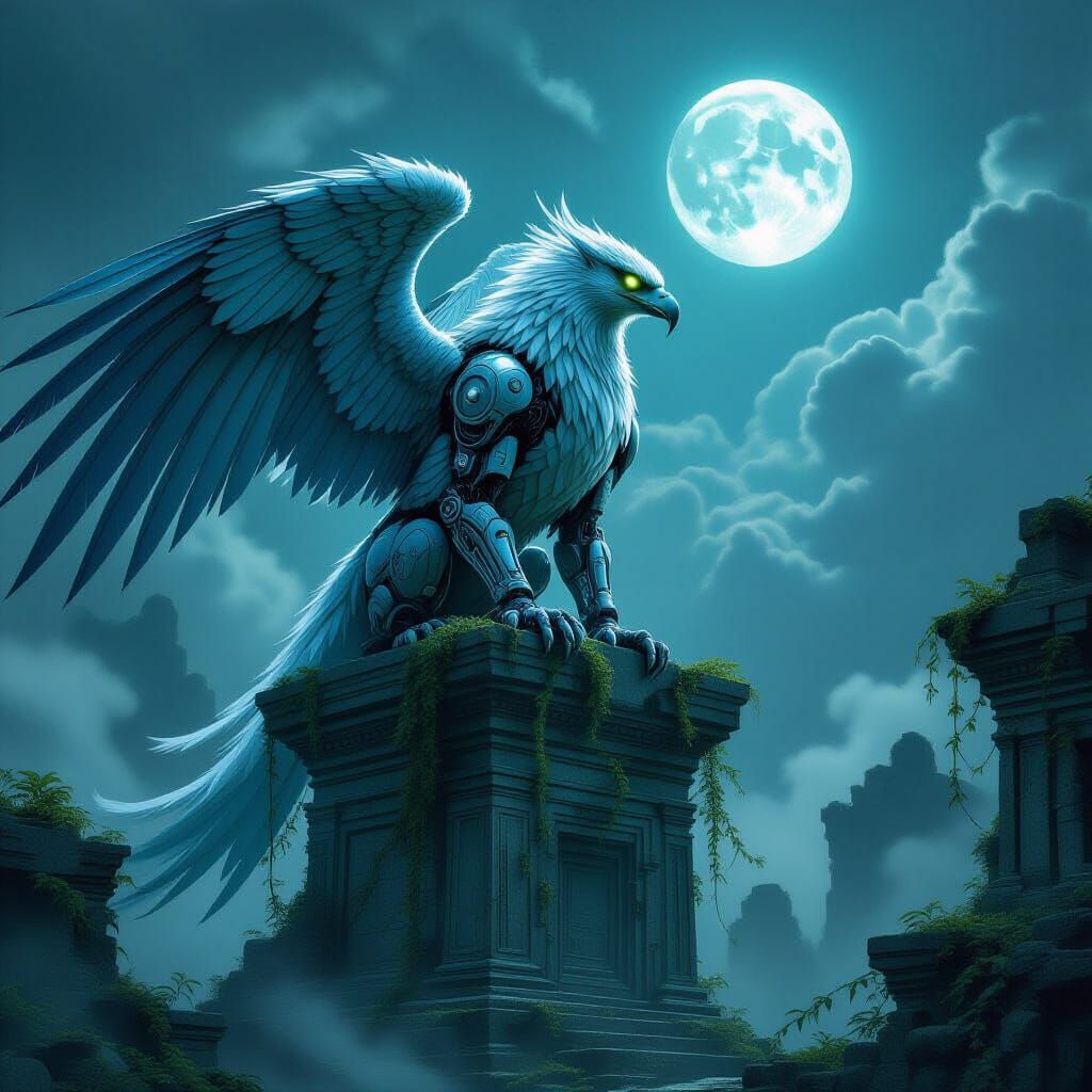 Biomechanical Griffin on Crumbling Temple, Cyberpunk Style
