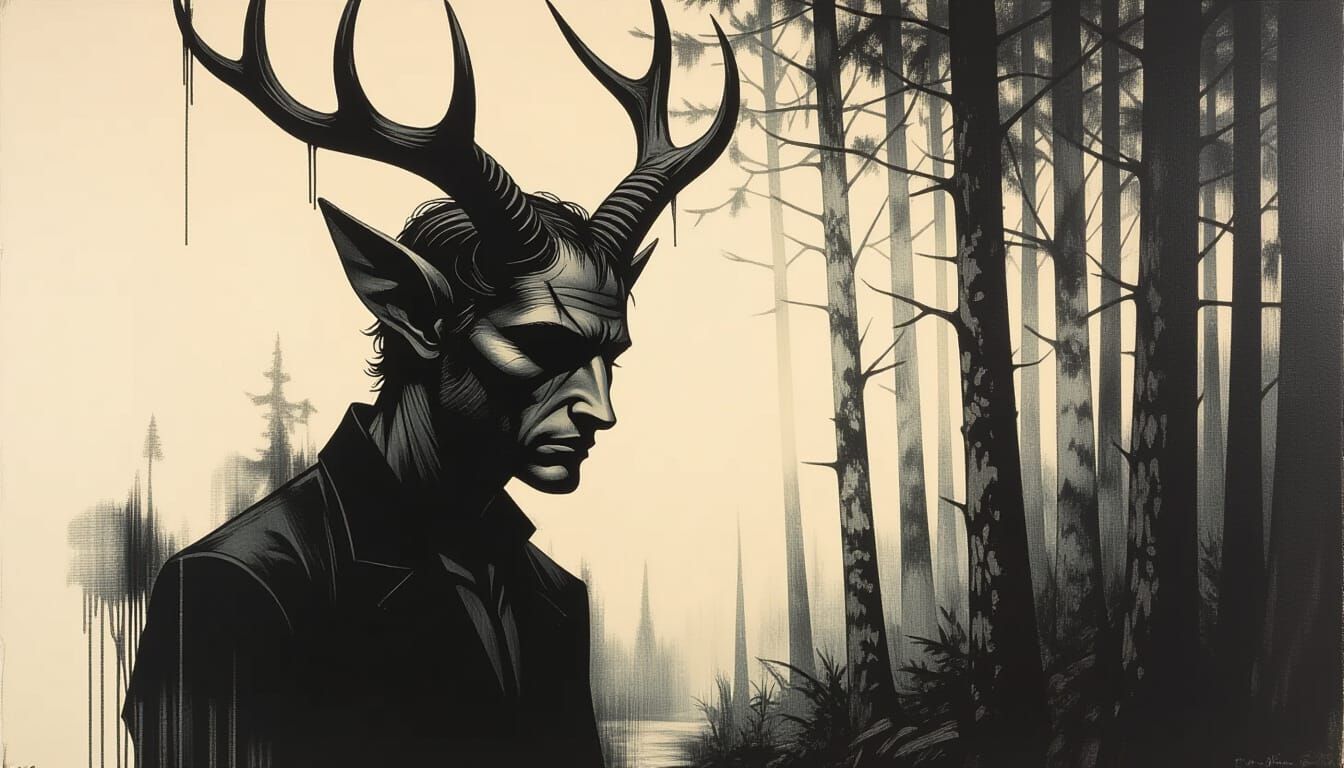 Comic Noir Faun Portrait in Distorted Forest