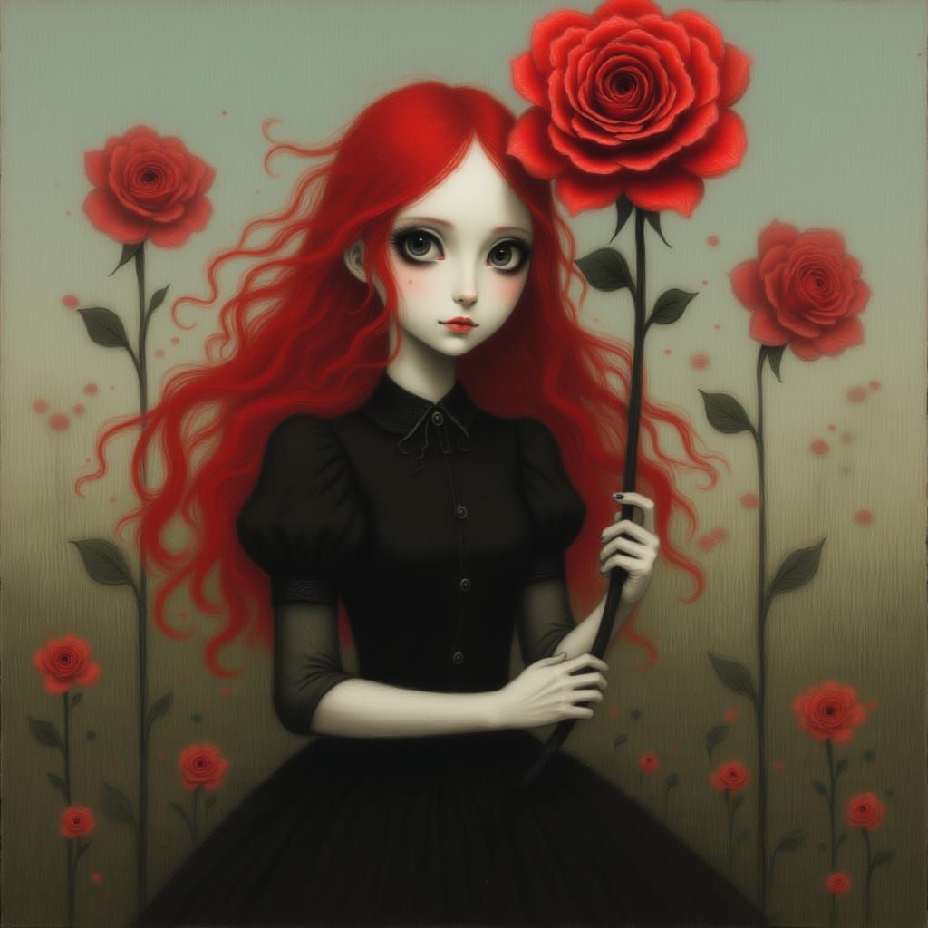 Girl with Rose in Surreal Retro Style