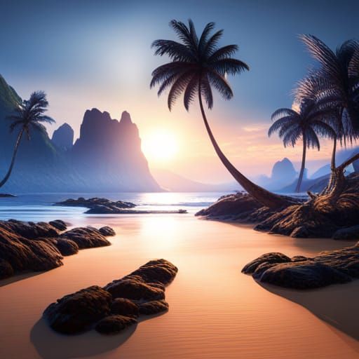 Tropical Beach Scene in Detailed Matte Painting