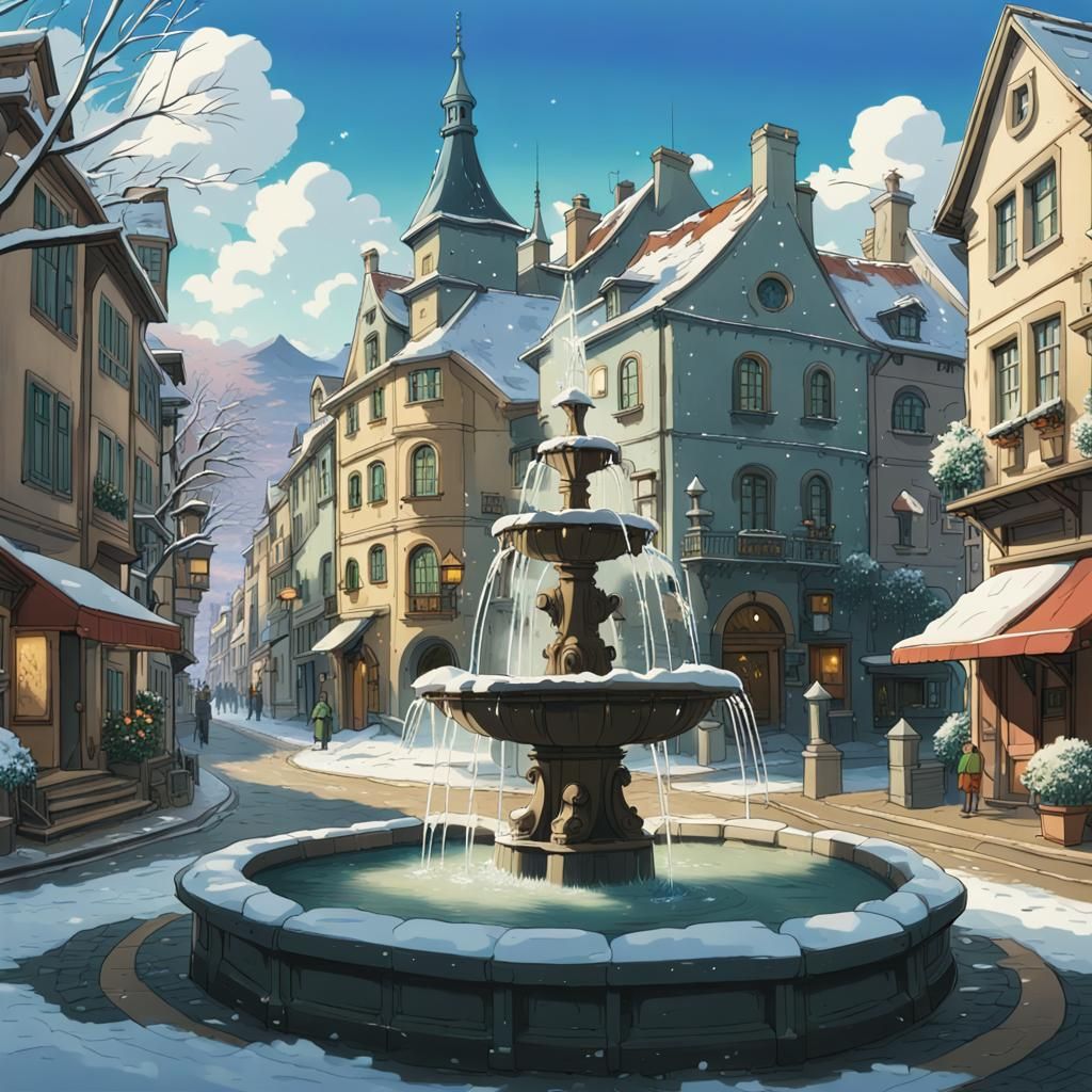 Winter Fountain in European Town: Studio Ghibli Style