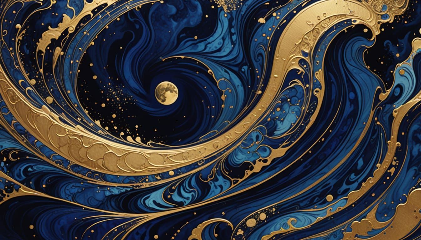 Indigo Crescent Moon in Marbling Ink Style