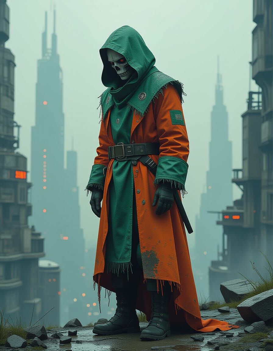 Dystopian Cityscape with Grotesque Figure in Biomechanical S...