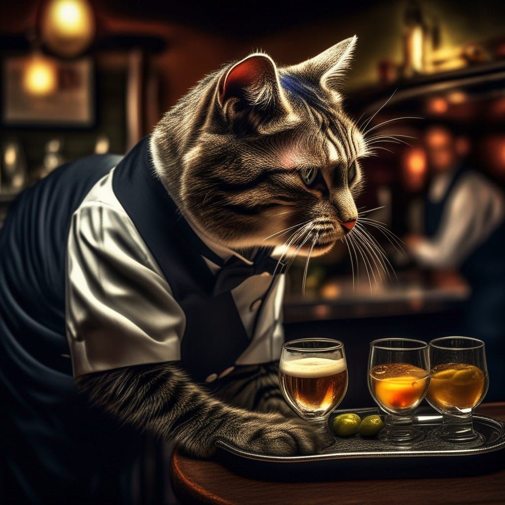 Hyperrealistic Cat Waiter Serving Drinks in High Definition
