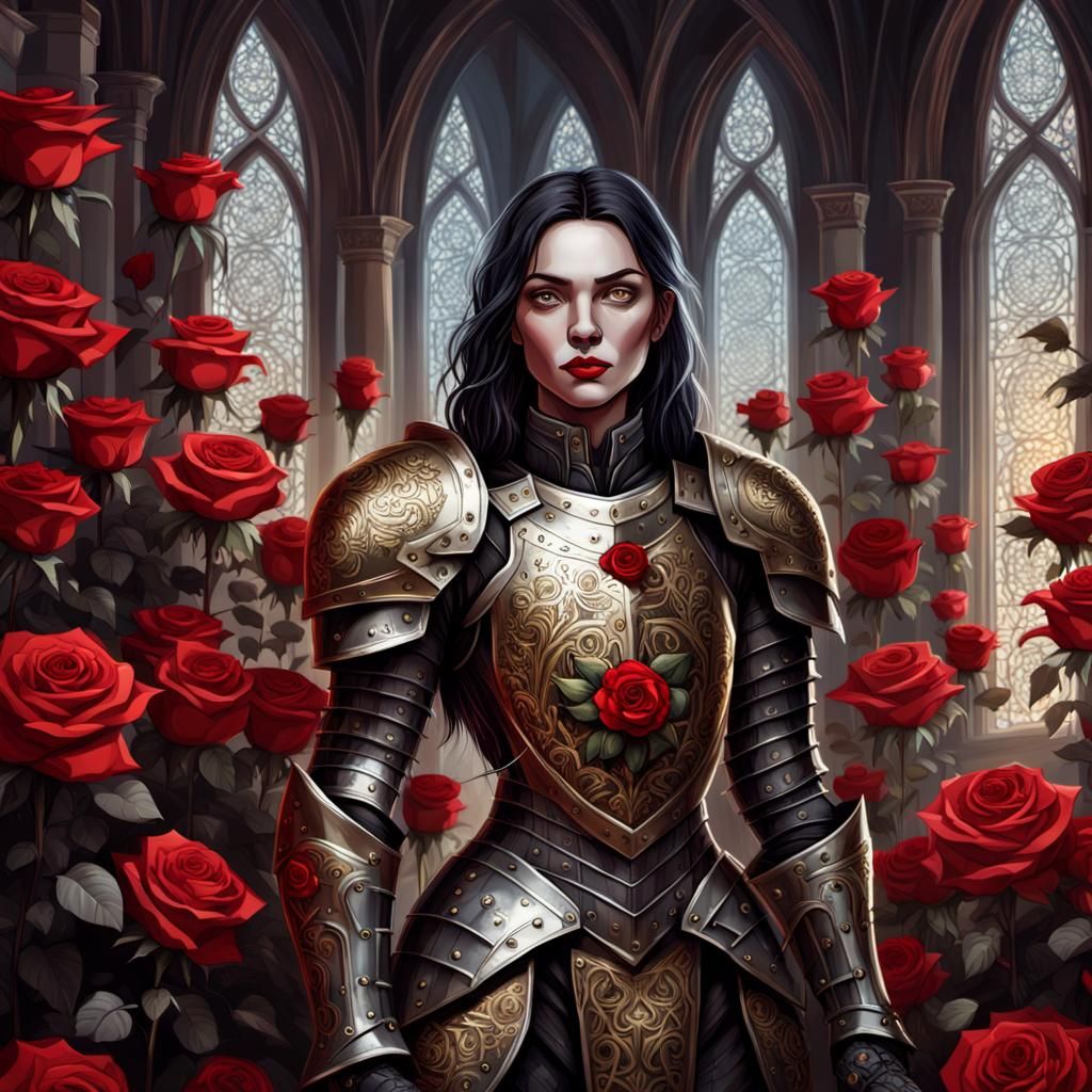 Gothic Shield Maiden in Majestic Armor among Red Roses