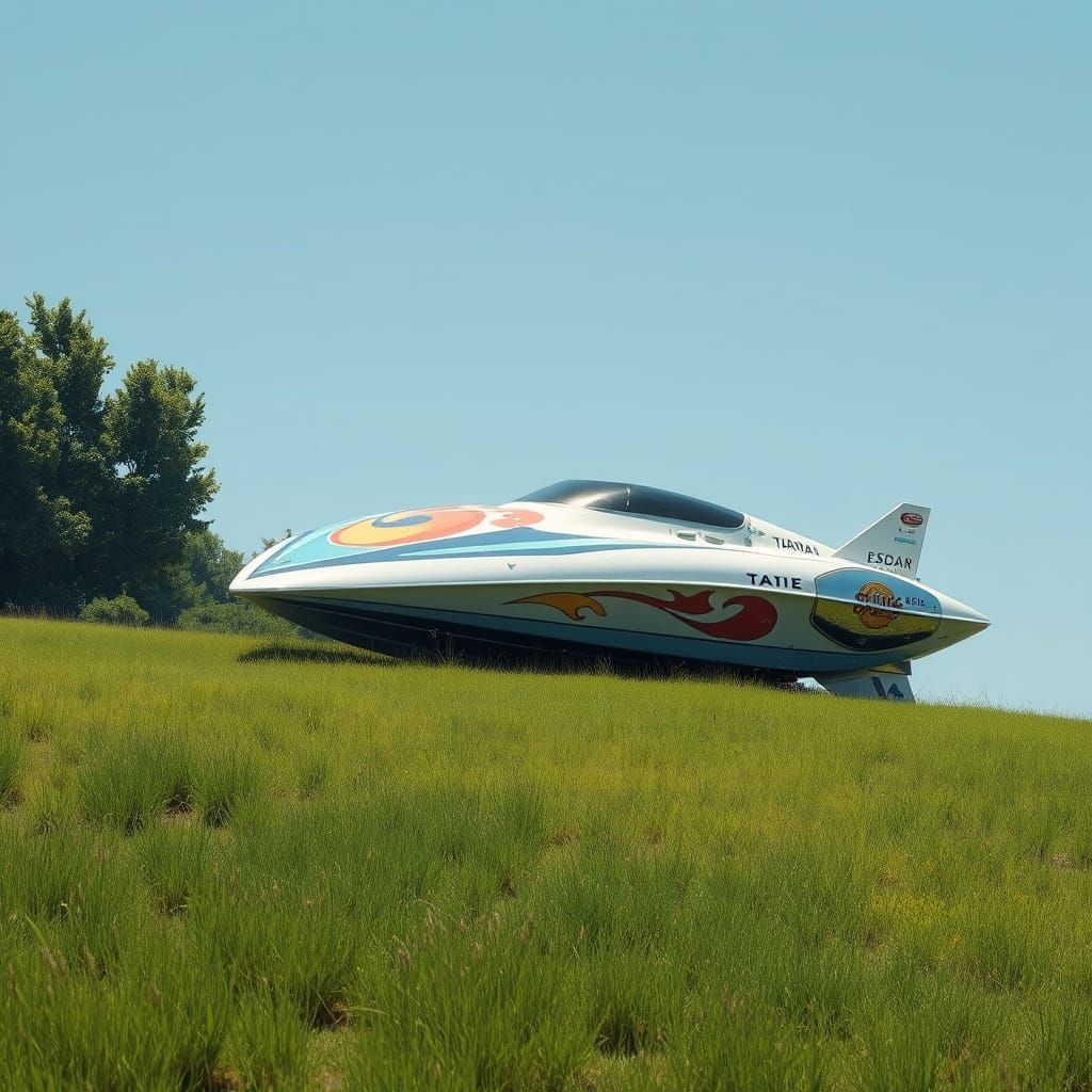 Speed Boat on Grassy Hill in Stylized Scene