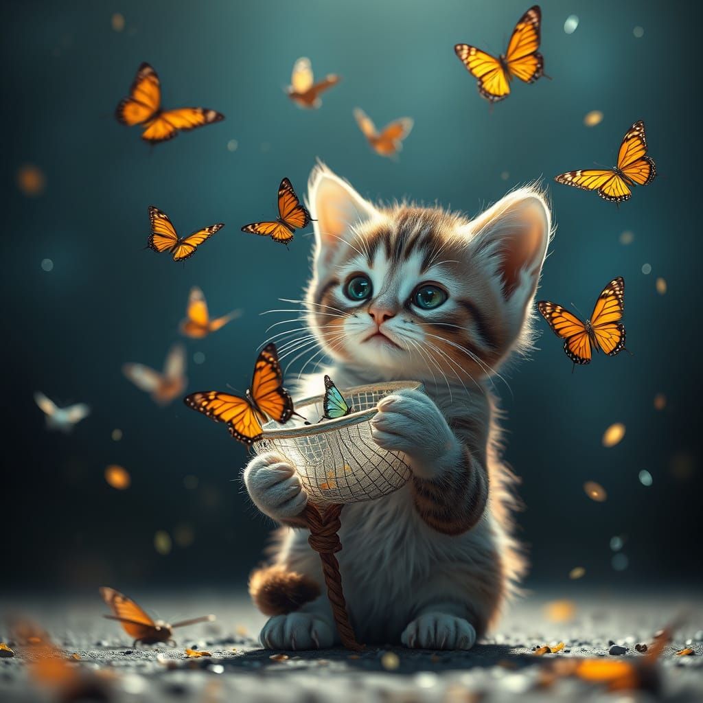Whimsical Kitten Chases Butterflies in a Sparkling Sunset