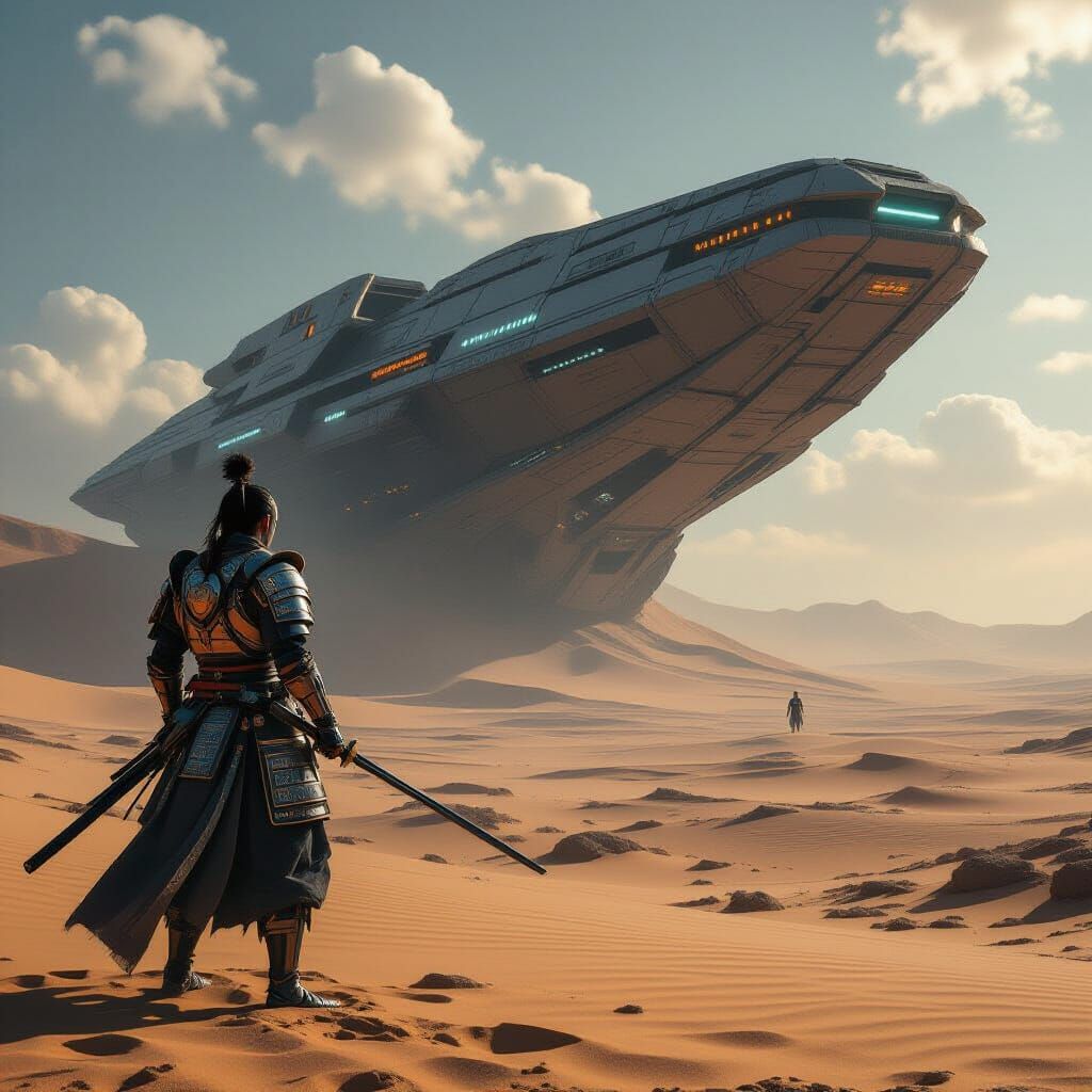 Cybernetic Samurai Encounters Alien Spaceship on Desert Plan...