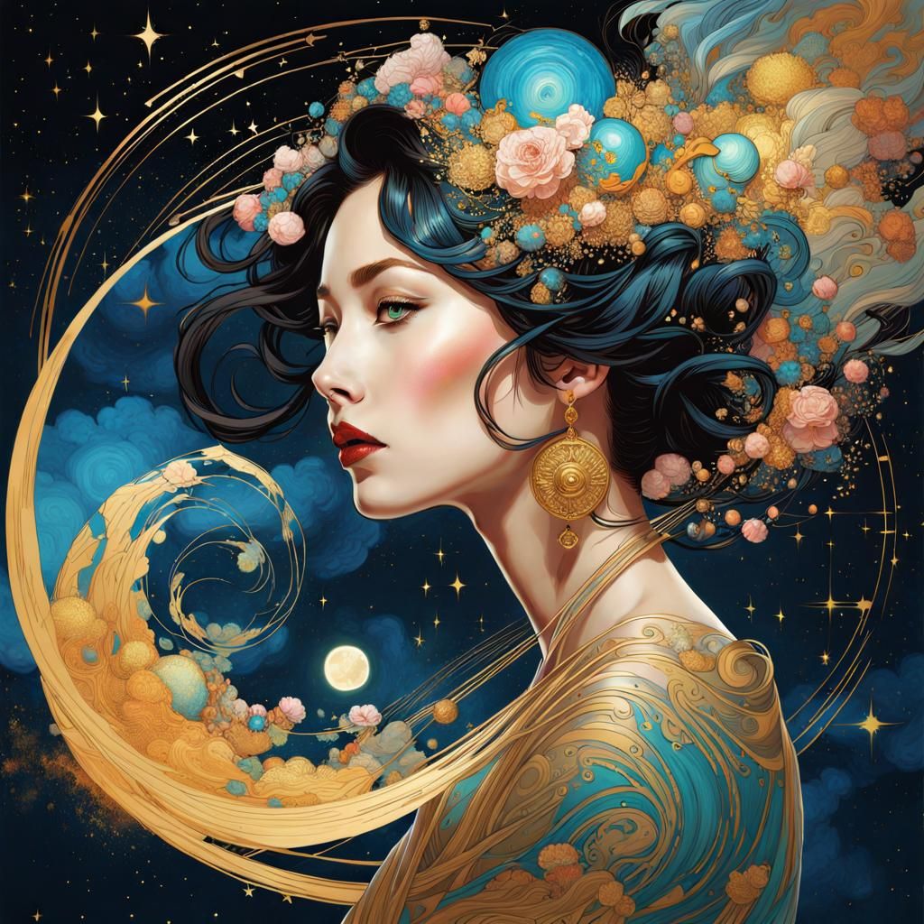 Ink Splatter Art: Zen Woman in Celestial Vortex