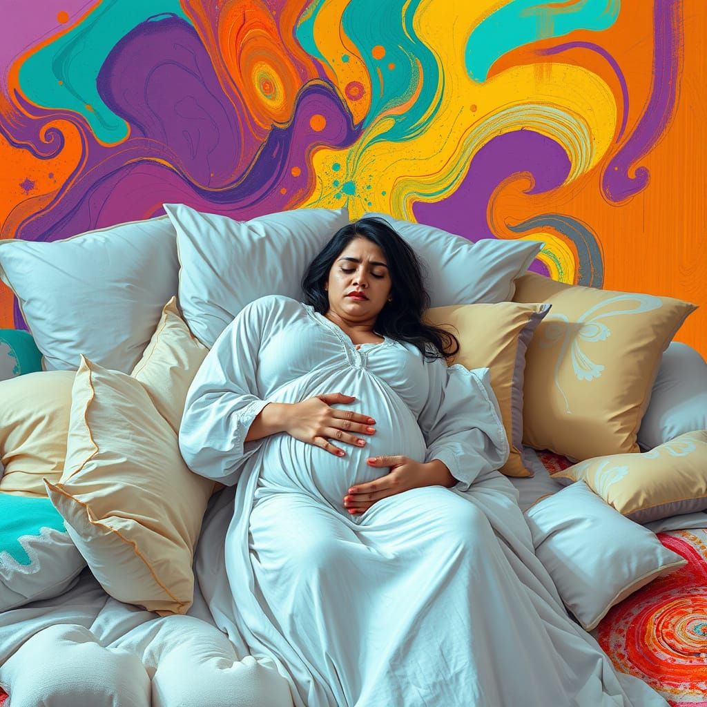 Distraught Pregnant Woman in a Vibrant, Abstract Bedroom
