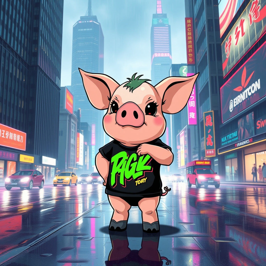 A really epic, cyberpunk, cool chibi pig, wearing a black es...