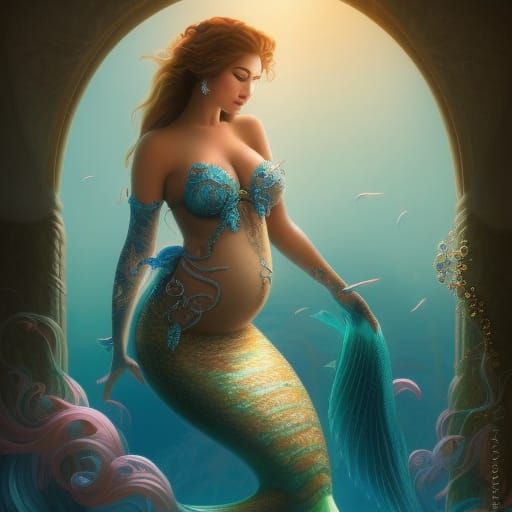 Pregnant Mermaid Overlooking Ancient City in Fantasycore Sty...