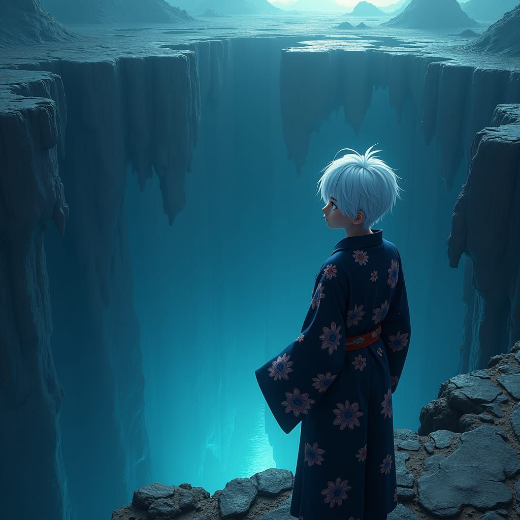 Anime Boy in Kimono at Edge of Abyss