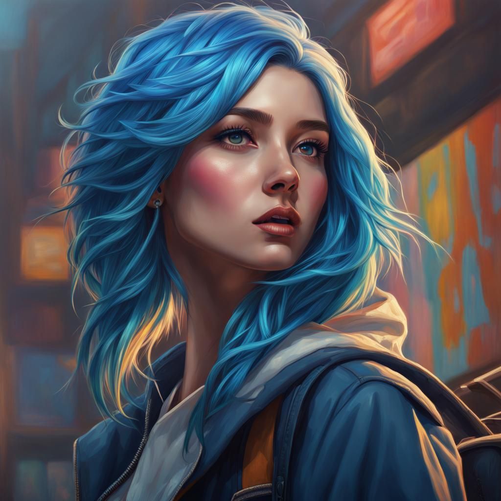 Blue-Haired Student: Hyperrealistic Splash Art Portrait