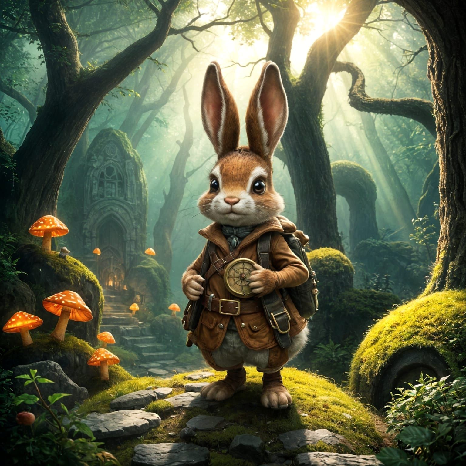 Whimsical Rabbit Adventurer in Enchanted Forest