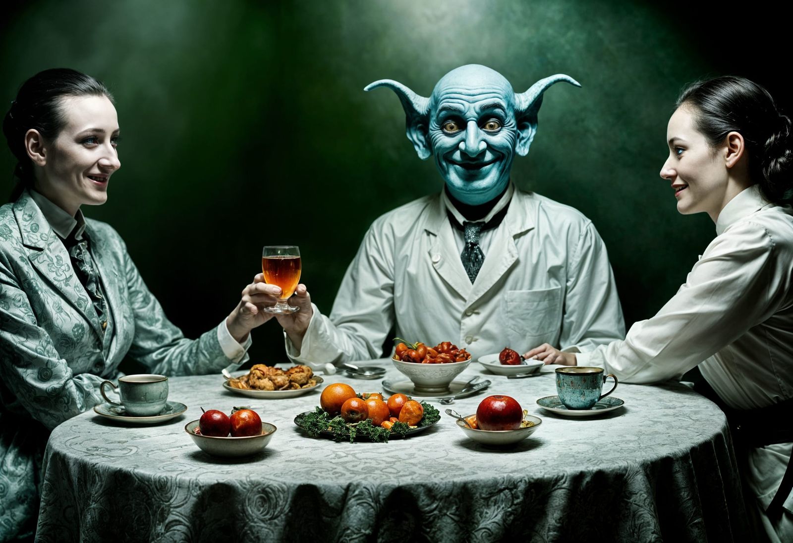 Surreal Alien Restaurant Celebration in Dreamy Light